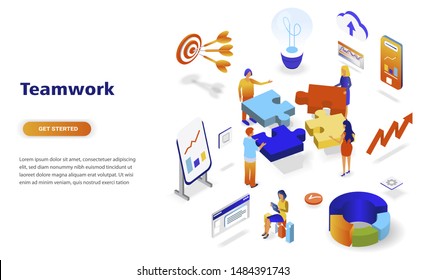 Teamwork modern flat design isometric concept. Leadership and people concept. Landing page template. Conceptual isometric vector illustration for web and graphic design.