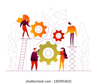 Teamwork - modern flat design style colorful illustration on white background. High quality composition with cute characters, workers, colleagues, business people with gears, triggering the mechanism