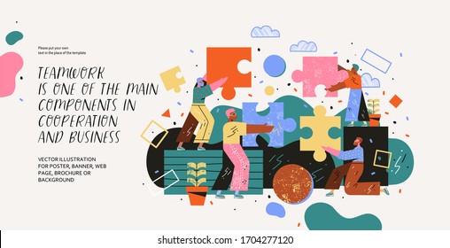 Teamwork. Modern Vector Illustration Of People Assembling A Puzzle. Drawing Business, Marketing, Finance And Cooperation For Website, Poster, Web Page Or Booklet
 
