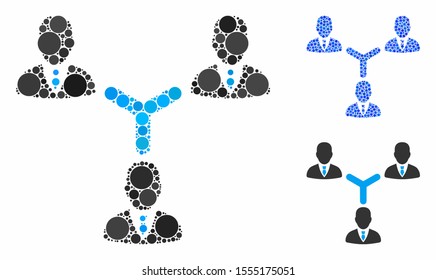 Teamwork mosaic of filled circles in different sizes and color tinges, based on teamwork icon. Vector filled circles are united into blue mosaic. Dotted teamwork icon in usual and blue versions.