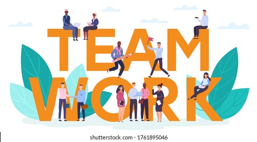 Teamwork motivation concept. Creative business successful team working together, teamwork cooperation lettering concept vector illustration. Teamwork motivation, success team communication