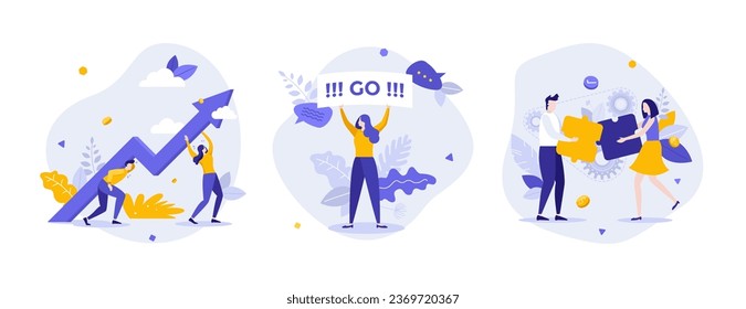 Teamwork and motivation flat concept set. Scenes with people carrying growing arrow, solving puzzle and taking motivation banner.  Vector illustrations for website, presentation, poster