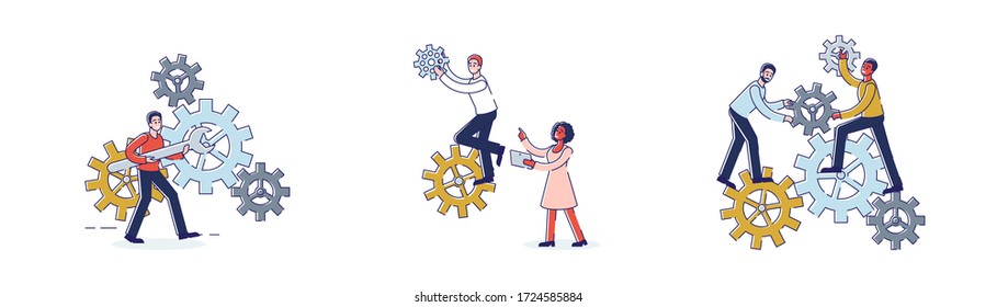 Teamwork, Motivation, Success, Brainstorming Concept. People Work In Team With Leader. Metaphor Of Comparing People Work With Cogwheel Mechanism. Cartoon Linear Outline Flat Vector Illustrations Set