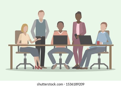 Teamwork in multiethnic collective. Vector illustration.