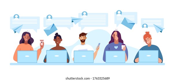 Teamwork multinational concept with different looking people, laptops, smm icons. Network illustration in flat style with young freelancers working together. Online chat banner with colleagues