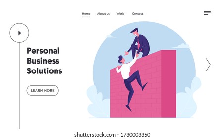 Teamwork, Mutual Assistance Landing Page Template. Business Leader Character Help Colleague Climb on High Wall. Businessman Assist Teammate to Overcome Problems. Cartoon People Vector Illustration