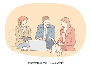 Teamwork, negotiations, business communication concept. Group of young business people office workers partners cartoon characters sitting in office with laptop and coffee and discussing startup