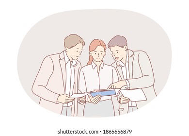 Trabajo en equipo, negociaciones, concepto de comunicación empresarial. Grupo de jóvenes empresarios trabajadores de oficina compañeros de trabajo caricaturistas personajes discutiendo juntos documentos de proyectos y compartiendo ideas 