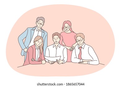 Teamwork, negotiations, business presentation concept. Group of positive business people office workers partners cartoon characters sitting in office with documents discussing startup together 