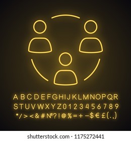 Teamwork neon light icon. Partnership. Partners. Team. Colleagues interaction. Glowing sign with alphabet, numbers and symbols. Vector isolated illustration