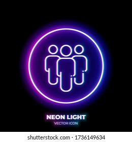 Teamwork neon light line art vector icon. Outline symbol of group of people. Team pictogram made of thin stroke. Isolated on background.