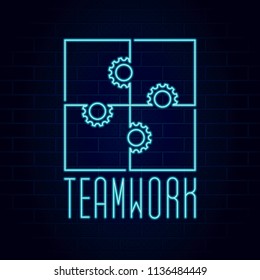 Teamwork Neon Sign Style Logo Lettering Depicting 4 Pieces Puzzle with Gears Signs Instead of Tabs and Blanks - Turquoise Elements on Blue Brick Wall Background - Vector Flat Graphic Design