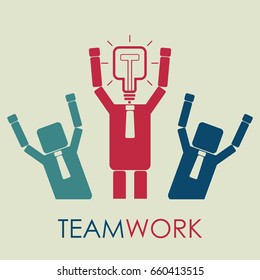Teamwork, new  idea concept. Square light bulb instead businessman head.  Vector Illustration.
