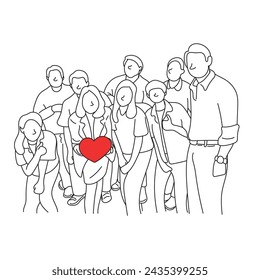 teamwork of nine business people with red heart illustration vector hand drawn isolated on white background