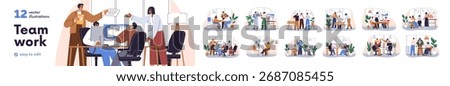 Teamwork in office. Business communication, brainstorming, professional ideas discussion. Colleagues collaboration, meeting. Team, group work. Flat vector illustration set isolated on white background