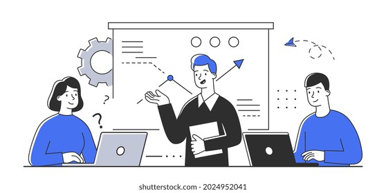 Teamwork in office. Business meeting at seminar. Group of people working on large project. They analyze charts and reports. Come up with new ideas and discuss them together. Flat cartoon illustration