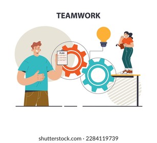 Teamwork. Office characters collaborating for additional business or project development. Idea of successful and effective coworking for strategy building. Flat vector illustration