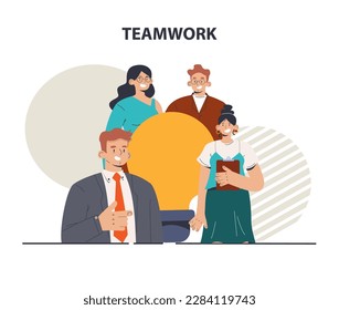 Teamwork. Office characters collaborating for additional business or project development. Idea of successful and effective coworking for strategy building. Flat vector illustration