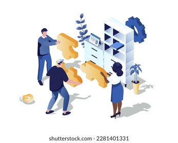 Teamwork in office concept 3d isometric web scene. People working together and collecting puzzle, doing job tasks, collaborate and support each other. Vector illustration in isometry graphic design