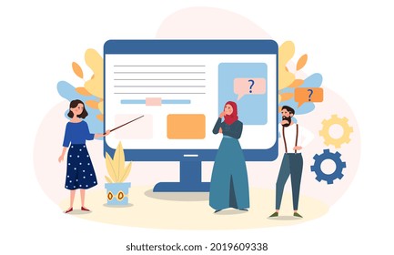 Teamwork in office concept. Characters are standing near monitor and studying details of project. Effective collaboration to achieve good results. Cartoon flat vector illustration on white background