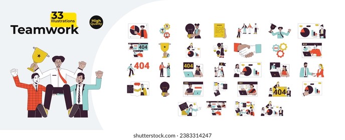 Teamwork office diverse 2D linear illustration concept bundle. Happy employees cartoon characters isolated on white. Collaborate team work metaphor abstract flat vector outline graphic collection