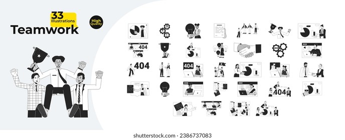 Teamwork office diverse black and white 2D illustration concepts bundle. Happy employees cartoon outline characters isolated on white. Collaborate team work metaphor monochrome vector art collection