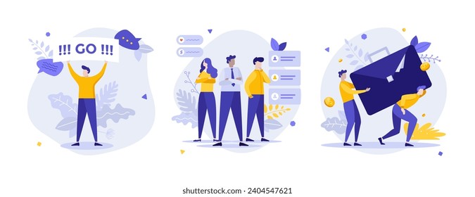 Teamwork in office flat concept vector illustrations set. Support employee during onboarding process cartoon composition. Motivation to cooperate for success creative idea for website, presentation