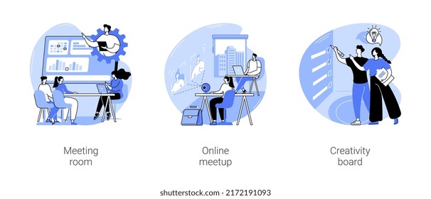 Teamwork at the office isolated cartoon vector illustrations set. Colleagues discussing business in a meeting room, online meetup, team video call, creativity board, modern workplace vector cartoon.