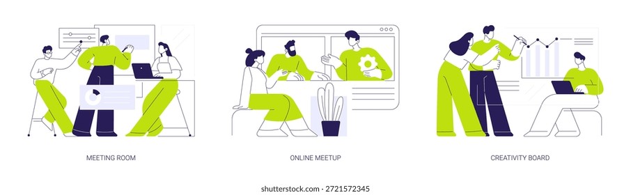 Trabalho em equipe no escritório isolado desenhos animados vetor ilustrações conjunto. Colegas discutindo negócios em uma sala de reunião, meetup on-line, chamada de vídeo em equipe, quadro de criatividade, moderno local de trabalho de desenhos animados vetoriais.