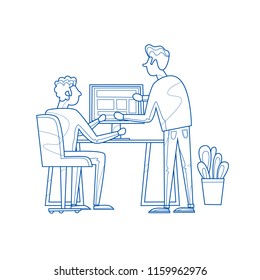 Teamwork, office life, men discuss the project, business plan. Thin Line