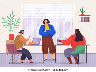 Teamwork, office life, mix race workers with laptops sitting near table and talking with woman colleague standing, discussing work moments, people working near window, partners, project managers