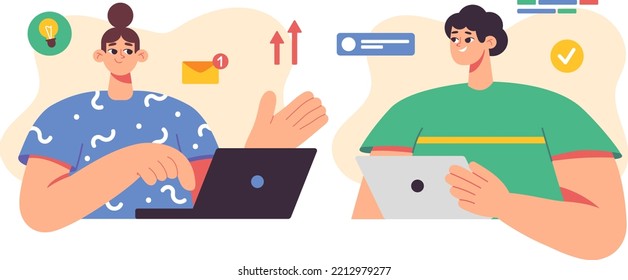 Teamwork in office, online call. Corporate group of people working on laptop, tablet. Employees, coworkers discuss a new project, generate ideas, talk, barinstorm, creative team. One on one meeting