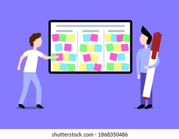 Teamwork in office with planning board and characters, business. Flat design vector illustration.
