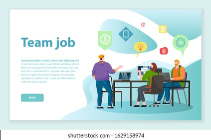 Teamwork at office room, people discussing about project and sharing ideas. Men and woman talk with each other, brainstorming. Designed website about working in team. Vector illustration in flat style