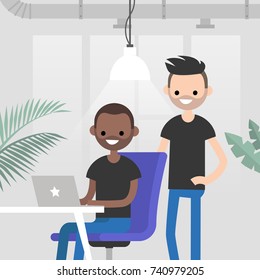 Teamwork. Office routine life. Colleagues discussing a project. Senior manager supervising a junior manager. Modern loft office interior. Flat vector characters. Millennials at work, illustration.