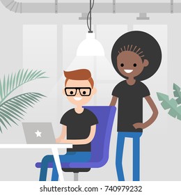 Teamwork. Office routine life. Colleagues discussing a project. Senior manager supervising a junior manager. Modern loft office interior. Flat vector characters. Millennials at work, illustration.