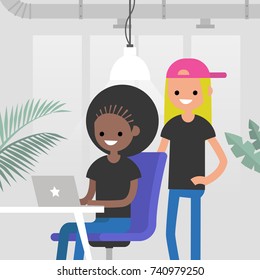 Teamwork. Office routine life. Colleagues discussing a project. Senior manager supervising a junior manager. Modern loft office interior. Flat vector characters. Millennials at work, illustration.