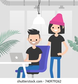 Teamwork. Office routine life. Colleagues discussing a project. Senior manager supervising a junior manager. Modern loft office interior. Flat vector characters. Millennials at work, illustration.