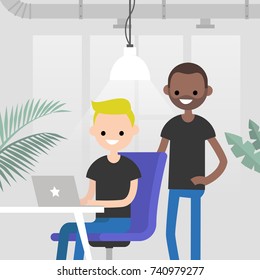 Teamwork. Office routine life. Colleagues discussing a project. Senior manager supervising a junior manager. Modern loft office interior. Flat vector characters. Millennials at work, illustration.