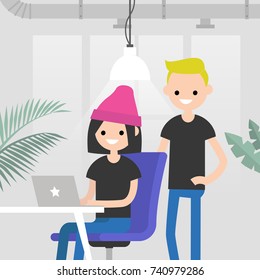 Teamwork. Office routine life. Colleagues discussing a project. Senior manager supervising a junior manager. Modern loft office interior. Flat vector characters. Millennials at work, illustration.