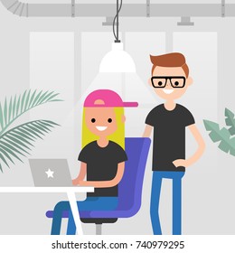 Teamwork. Office routine life. Colleagues discussing a project. Senior manager supervising a junior manager. Modern loft office interior. Flat vector characters. Millennials at work, illustration.