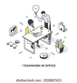 Teamwork in office. Two team members work together to solve problem. A woman thinks while looking at a laptop, a man offers an idea. Isometric concept