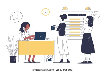 Teamwork in office. Women working with graphs and diagrams. Collaboration and cooperation, teamwork. Business communication and brainstorming. Colleagues and partners. Linear vector illustration