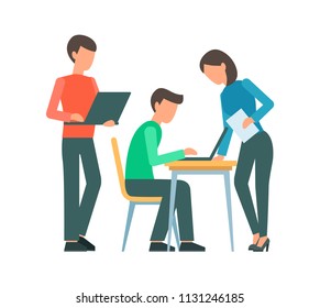 Teamwork. Office work. People isolated on white background. Flat design. Vector illustration.