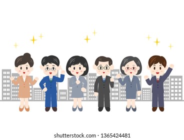 Teamwork: office worker, men and women, buildings