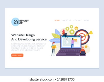 Teamwork office workers character people working together on web site page. Website development banner poster website concept. Vector flat cartoon graphic design isolated illustration