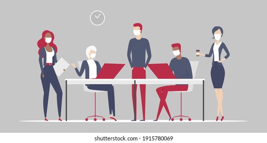 Trabajo en equipo. Trabajadores de oficina con máscaras faciales. Ilustración vectorial.