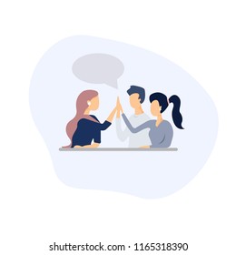 Teamwork. Office workers give five to each other. The concept of a successfully performed task. Vector illustration.