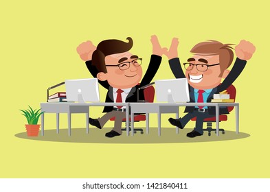 Teamwork. Office workers give five to each other.