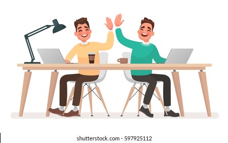 Teamwork. Office workers give five to each other. The concept of a successfully performed task. Vector illustration in cartoon style